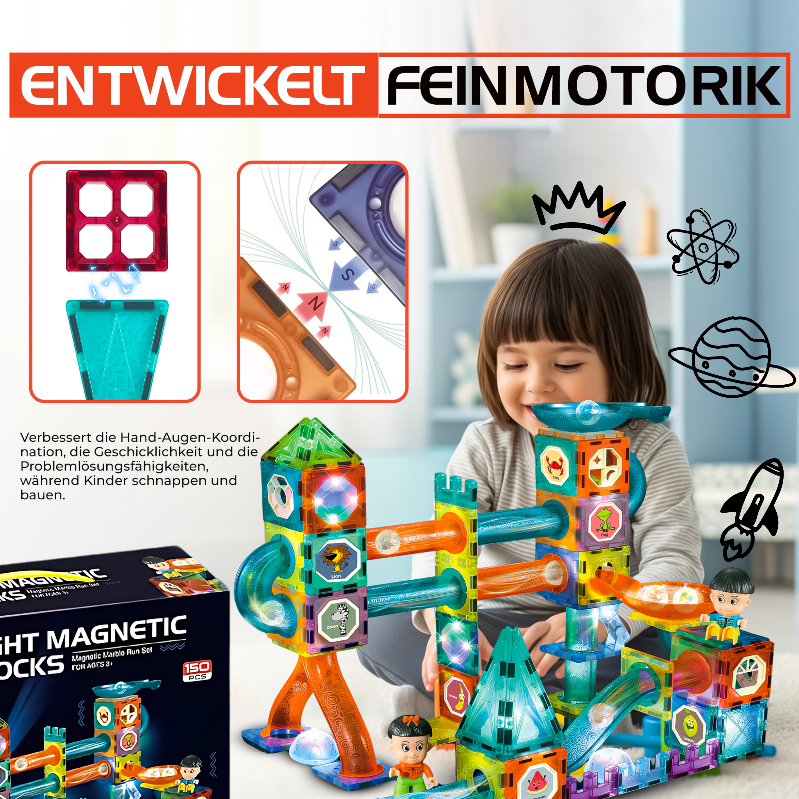 Kidnetic – Magnetische Leuchtbausteine & Kugeln (166-teiliges Set)